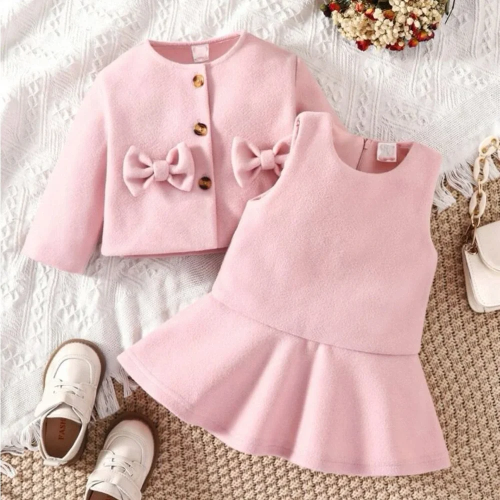 Toddler girls Bow Front pink Overcoat & Dress set - Picture 1 of 4